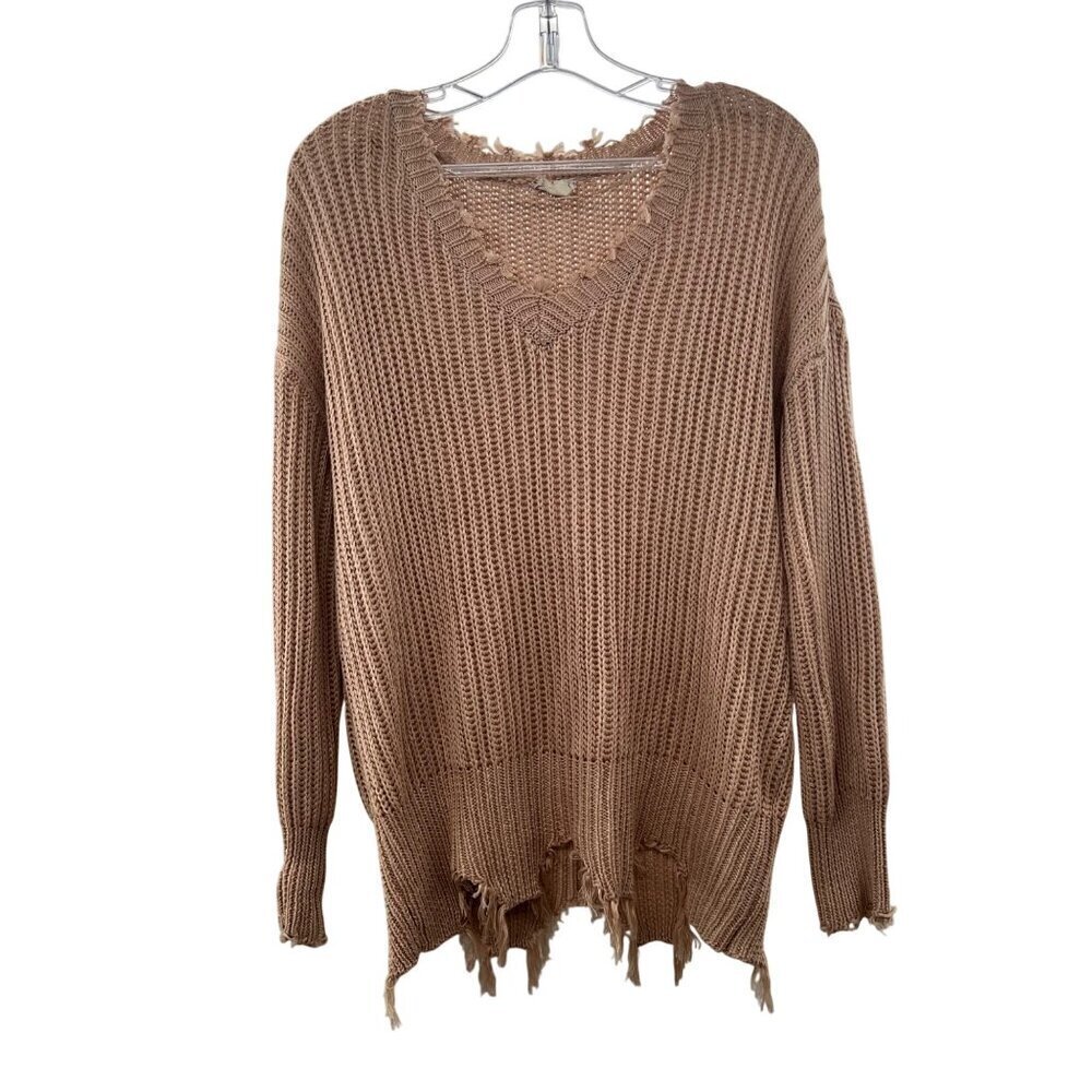 Hem & Thread Women's Distressed Knit Sweater V-Neck Peach Size Medium